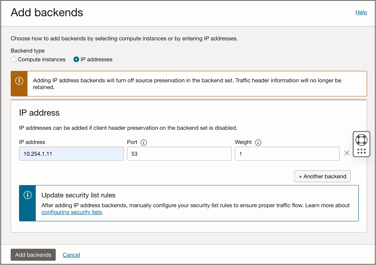 Adding an IP-based backend in the Oracle Cloud Console.