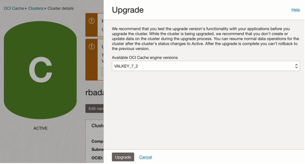 Figure 1: OCI Console upgrade screen for your OCI Cache version