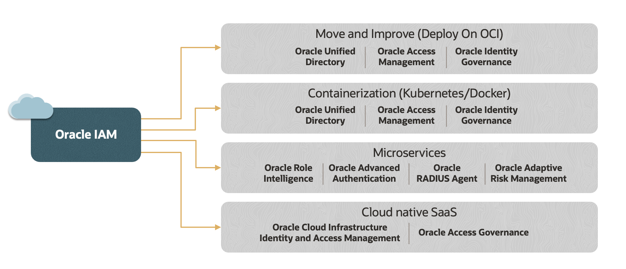 Methods of improving IAM with Oracle: Move and improve (deploy on OCI), containerization (Kubernetes and Docker), micro services, and cloud native SaaS.