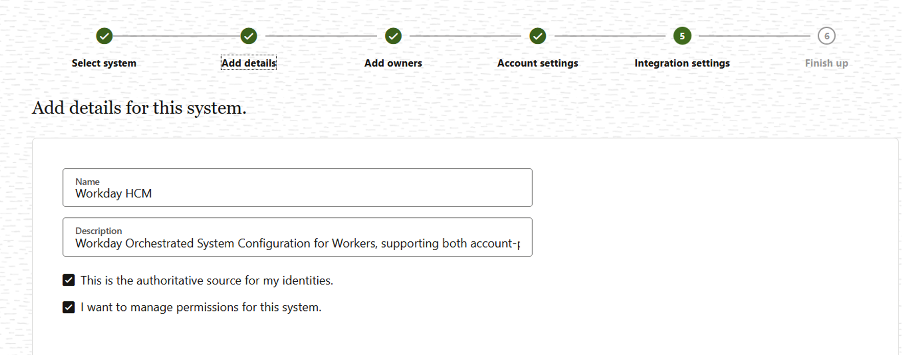 Adding details for the Workday integration setup in Access Governance.