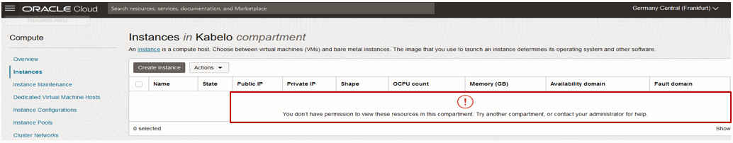 Figure 3 - Authorization error on the Instance page