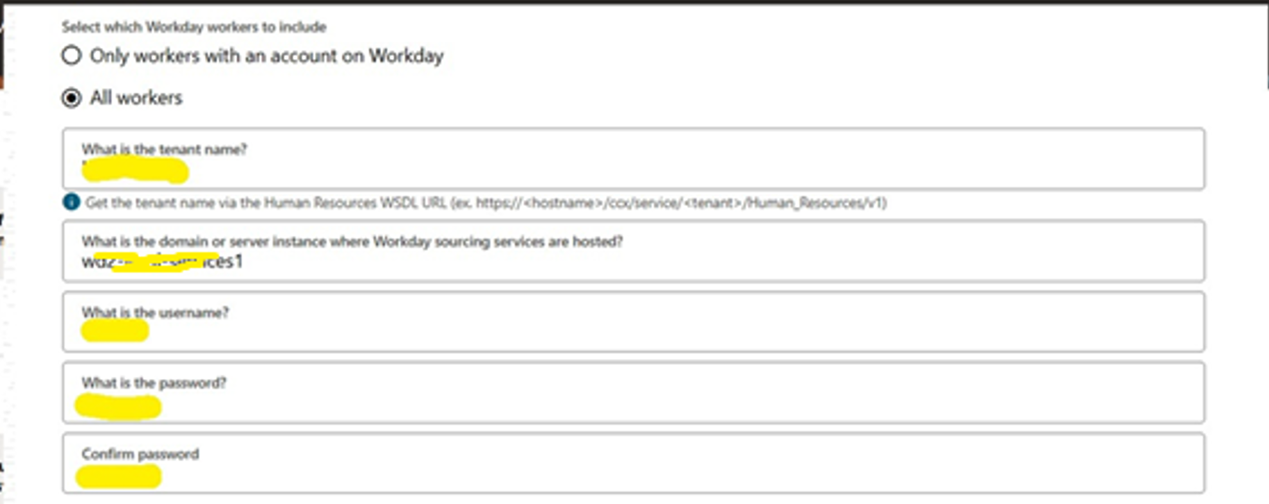 Adding Workday account information for the Workday integration setup in Access Governance.