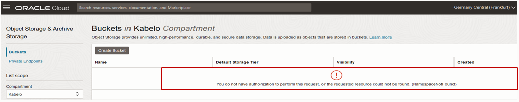 Figure 4 - Authorization error on the Buckets page