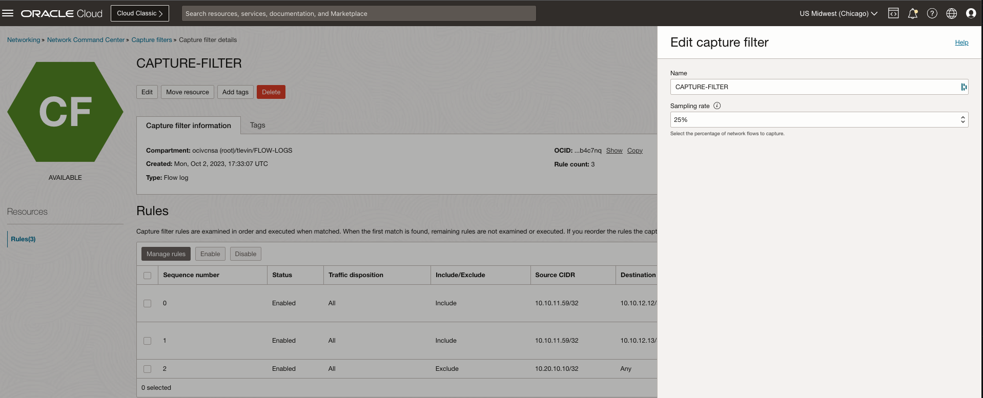 A screenshot of the Edit capture filter window in the Oracle Cloud Console.