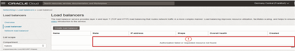 Figure 5 - Authorization error  on the Load Balancers page