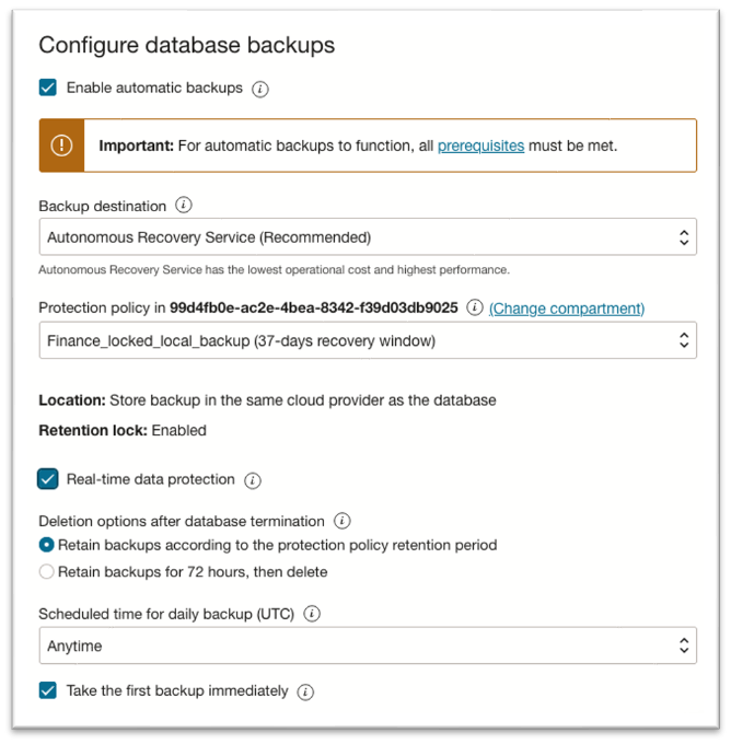 Configuring automatic backups for the database