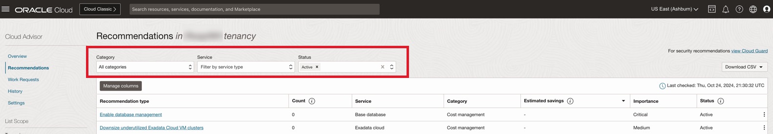 Filter Cloud Advisor Recommendations