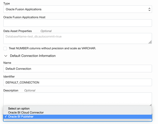 Fusion Application connection Oracle BI Publisher type