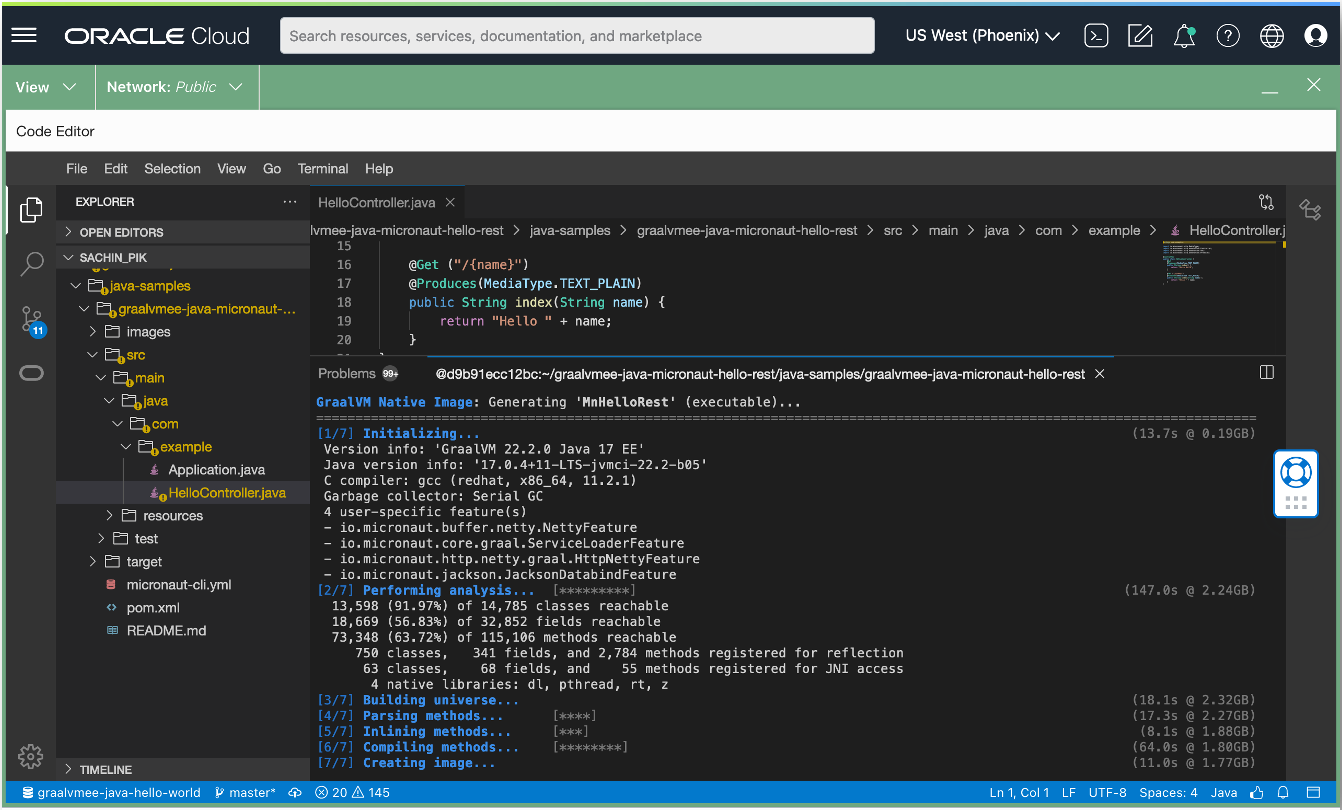 Micronaut App with GraalVM Enterprise Native Image in OCI Code Editor