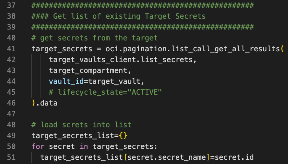 A screenshot of the code showing the list of existing target secrets.
