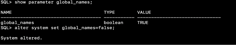 A screenshot of the results for the command ‘show parameter GLOBAL_NAMES.”