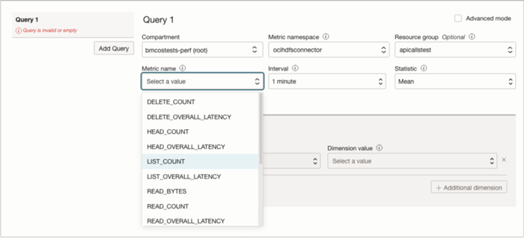 Screenshot showing available HDFS Connector Metrics drop down to select from