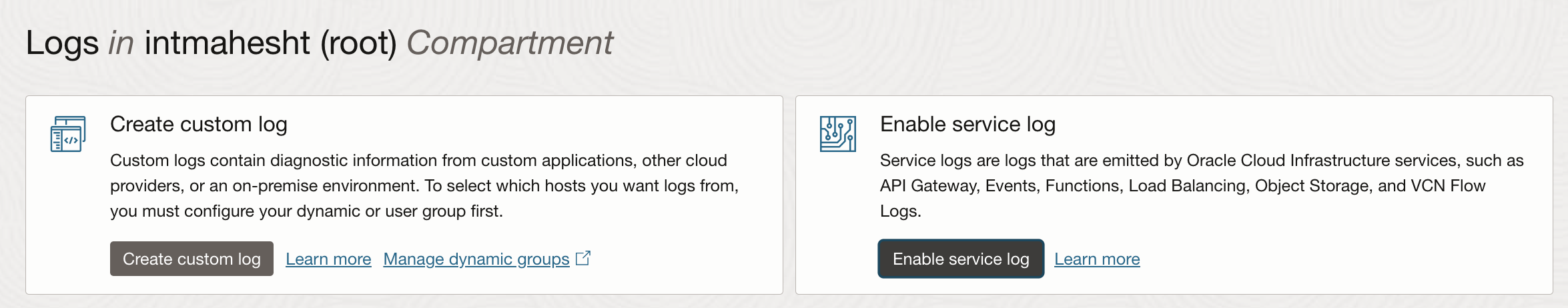 A screenshot of the Enable Service Log one-click enablement process in the Oracle Cloud Console.