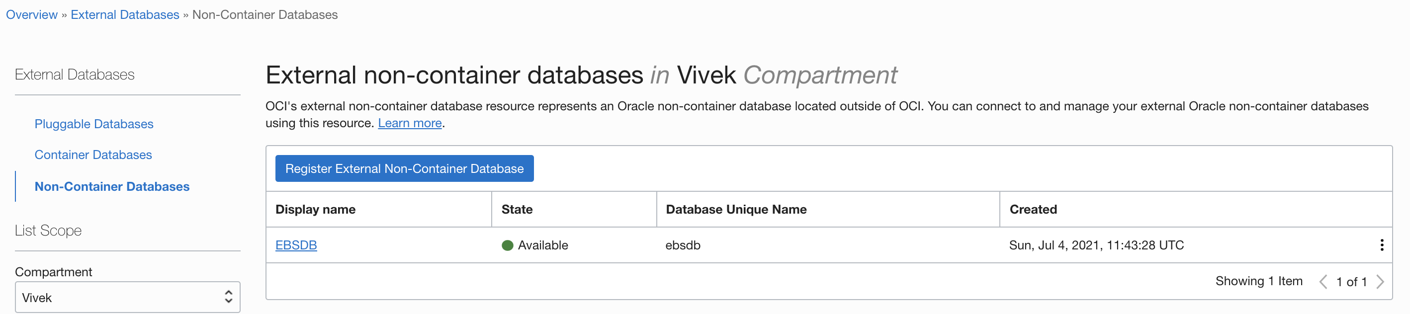 A screenshot of the External Non-container Databases page details.