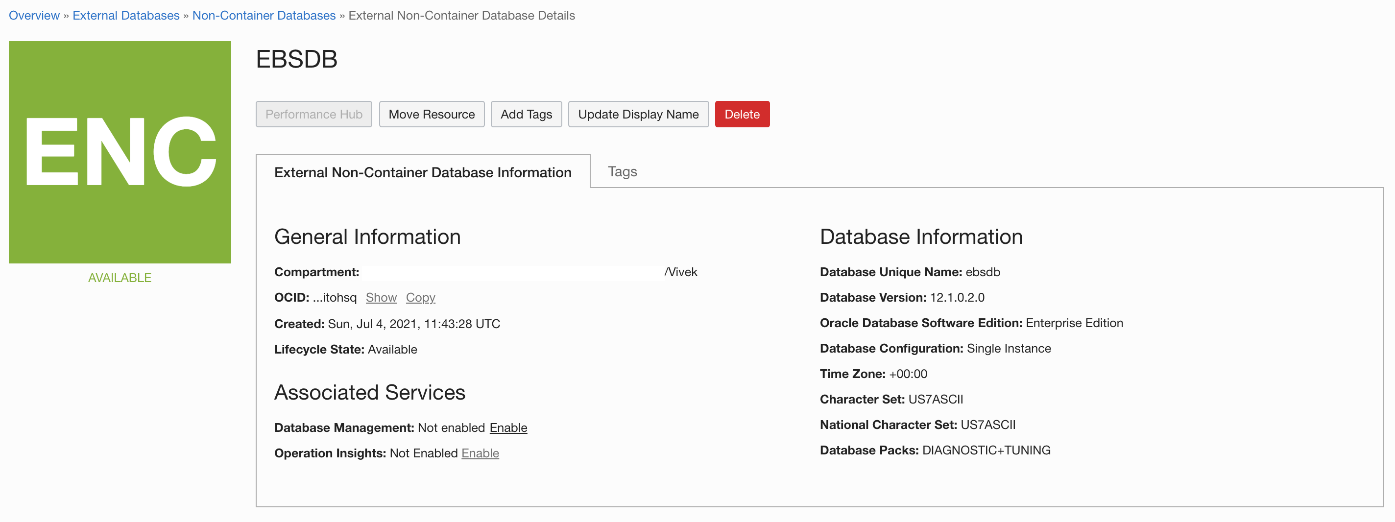 A screenshot of the details page for the database entitled EBSDB.