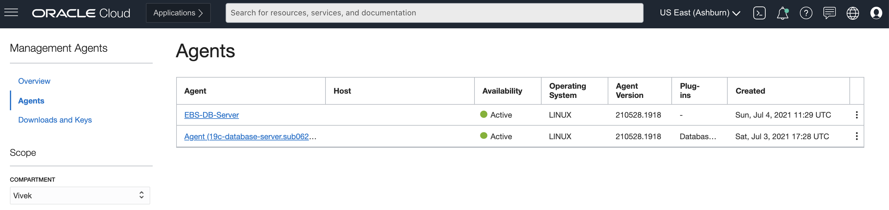 A screenshot of the Agents page in the Management Agents section of the Console.