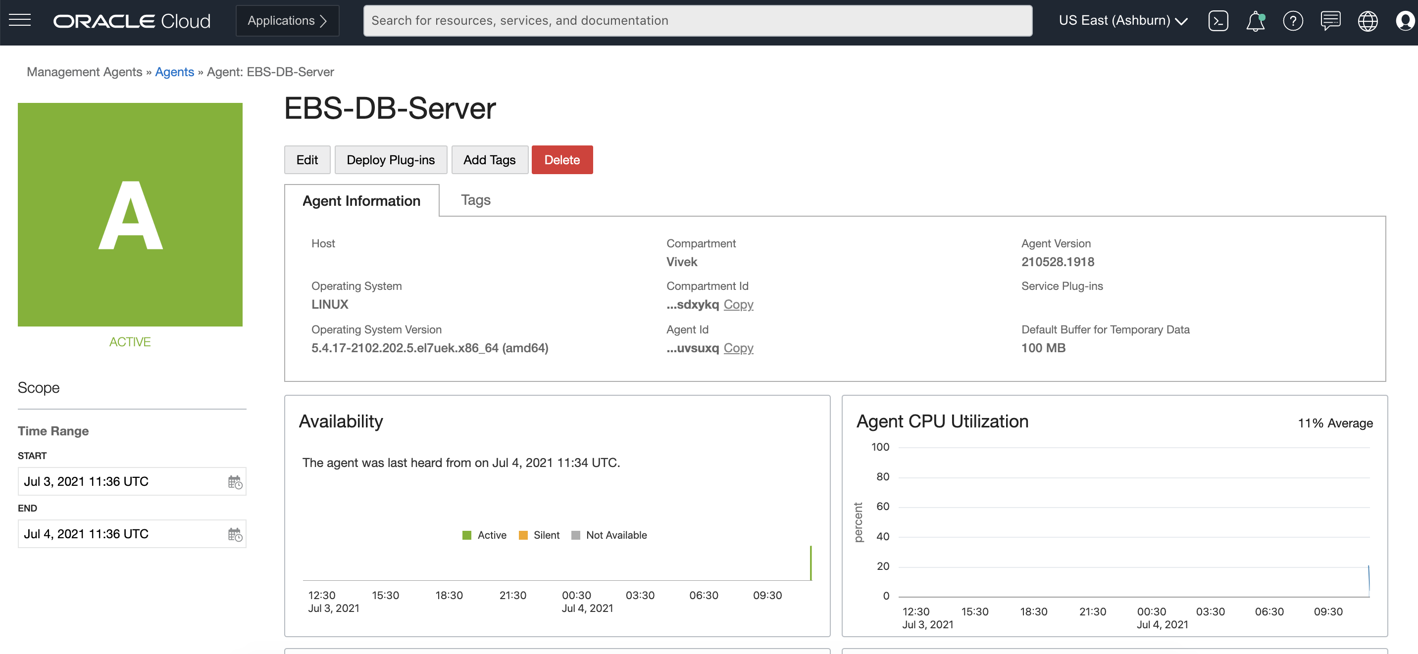 A screenshot of the details page for the EBS-DB-Server agent.