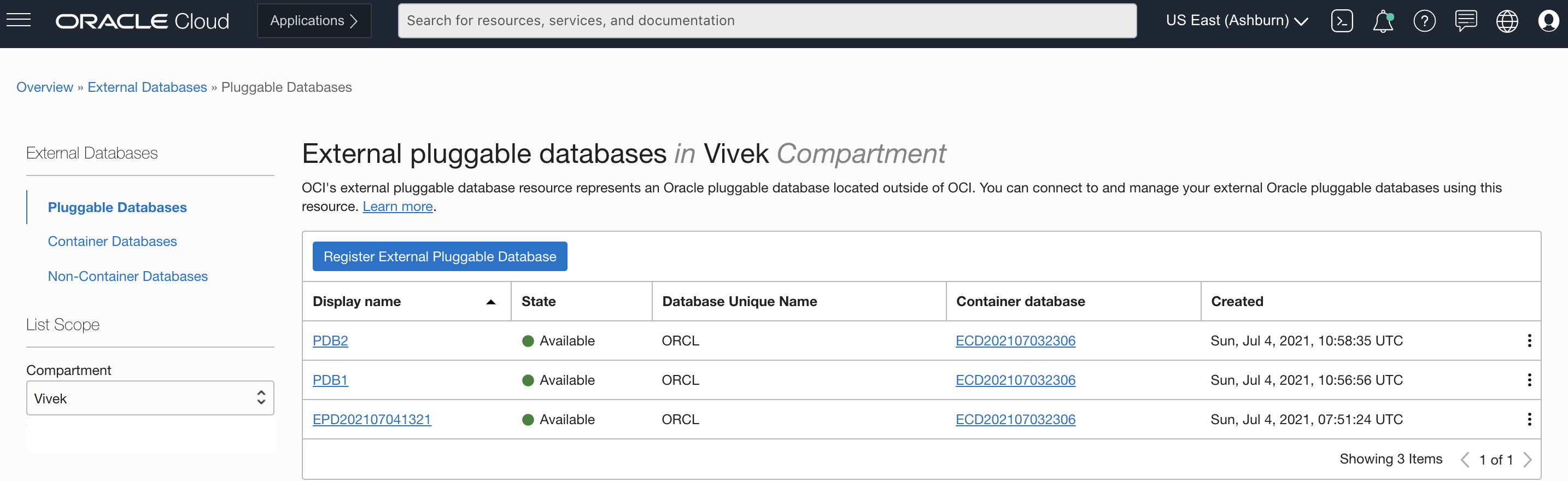 A screenshot of the External Pluggable Databases page.