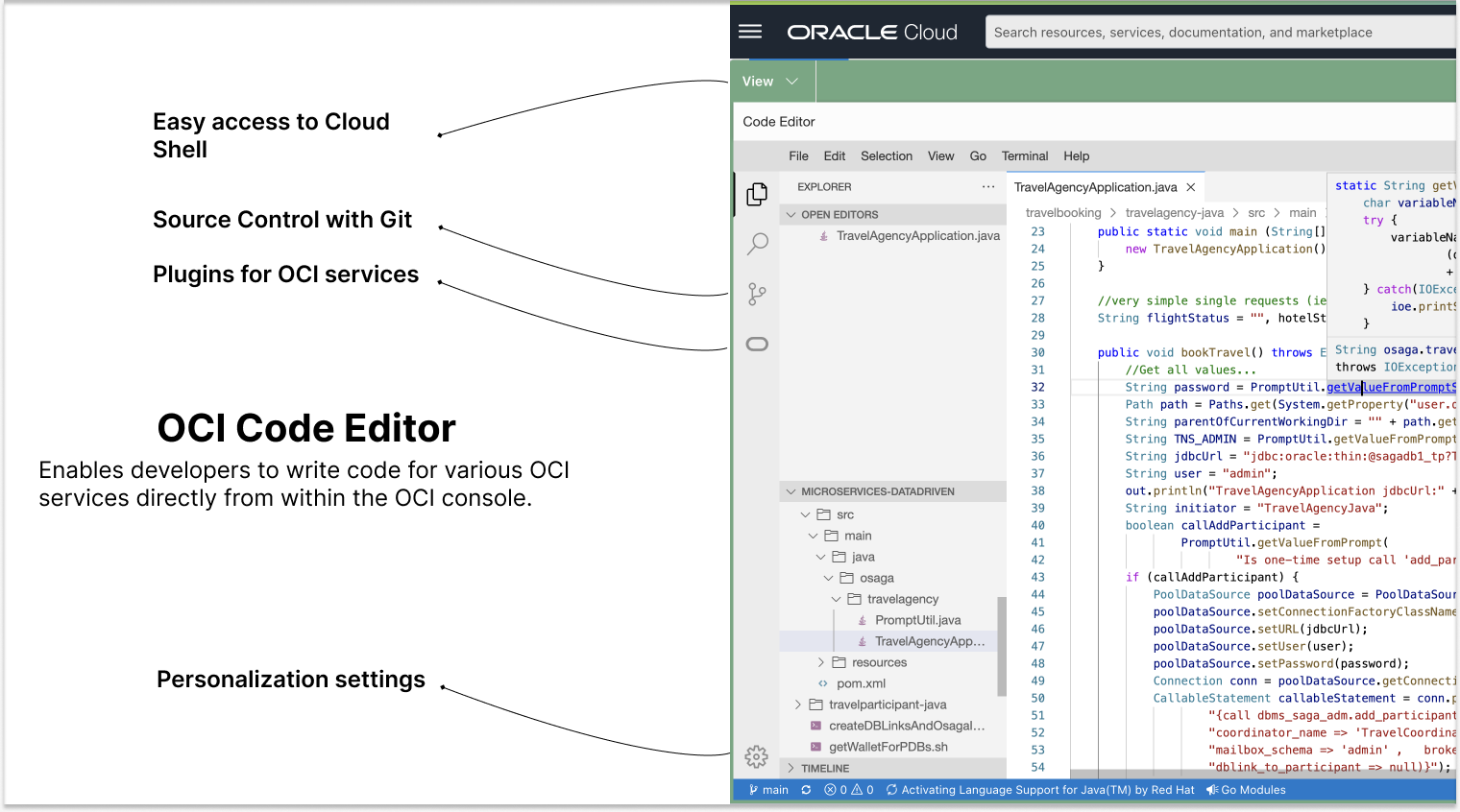 A screenshot of a java file in the Oracle Cloud Console, showing the features of Code Editor.