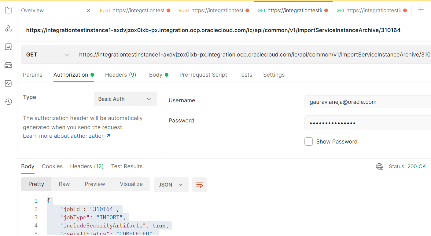 A screenshot of the OIC import status in Postman.