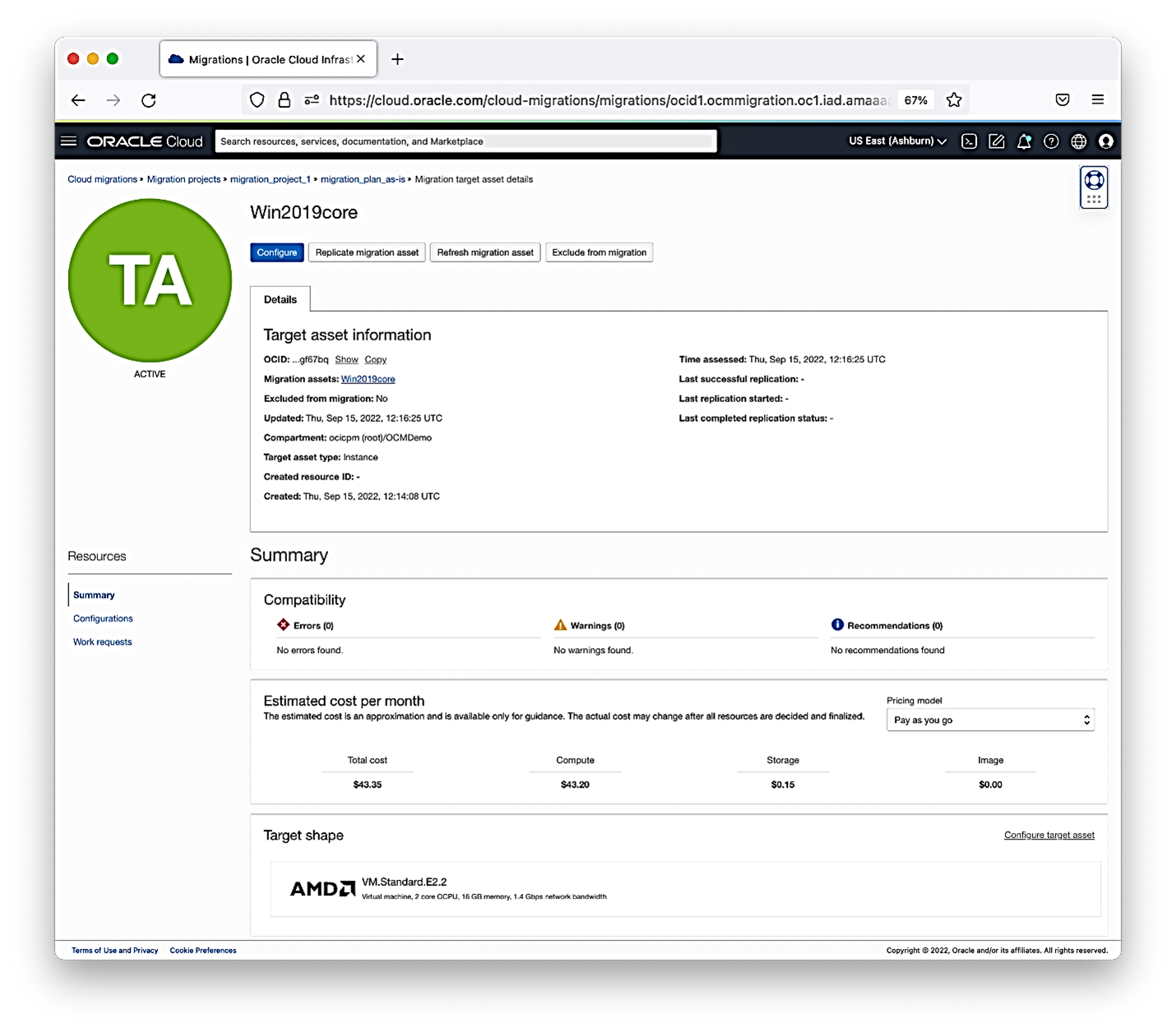 A screenshot of the migration project in the Console, showing the details of the target asset information.