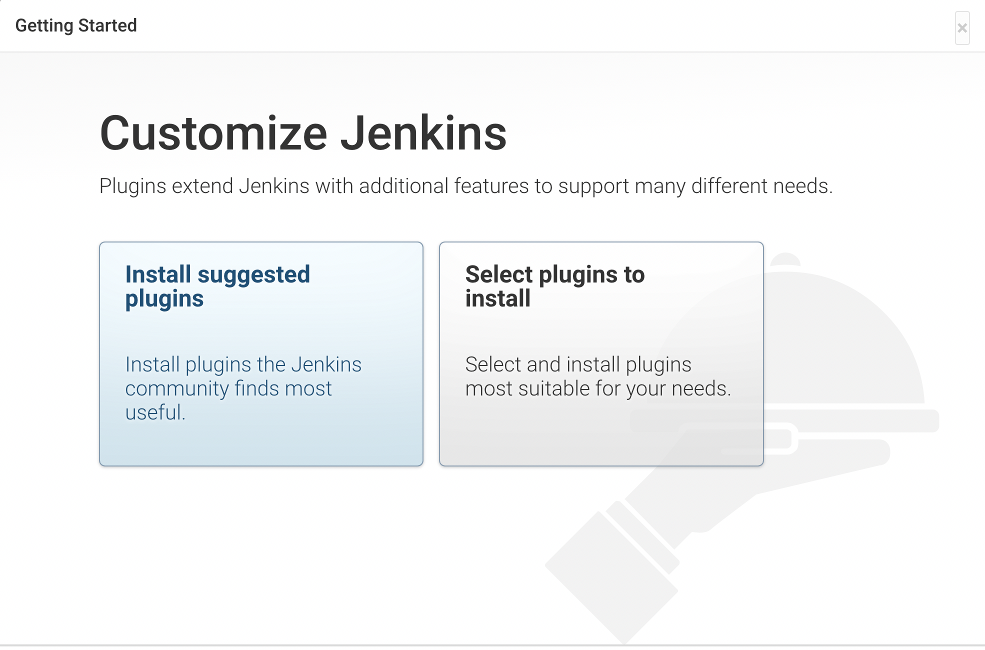 A screenshot of the Getting Started page of Jenkins, showing the option to install plugins,