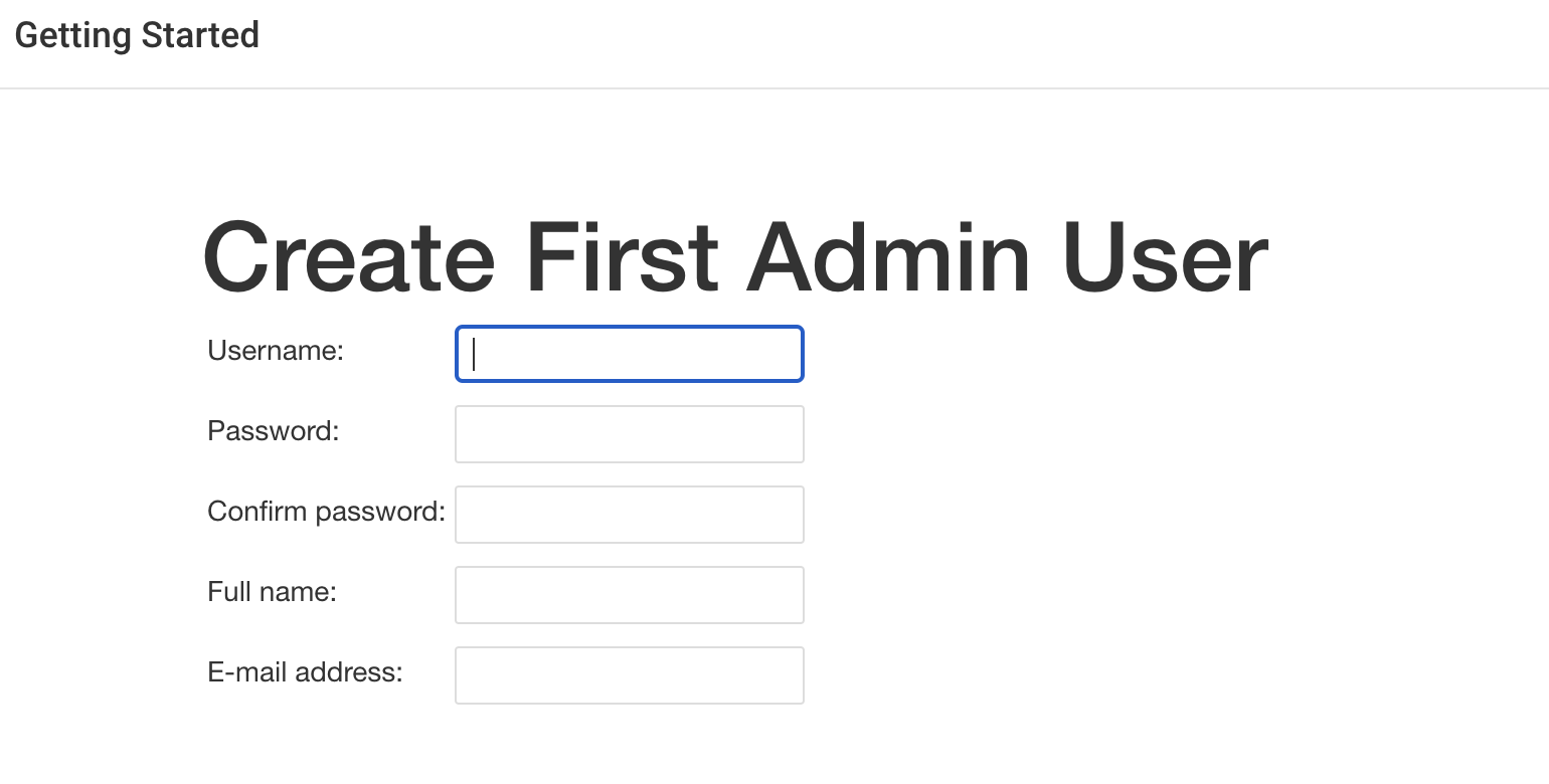 A screenshot of the Create First Admin User page.