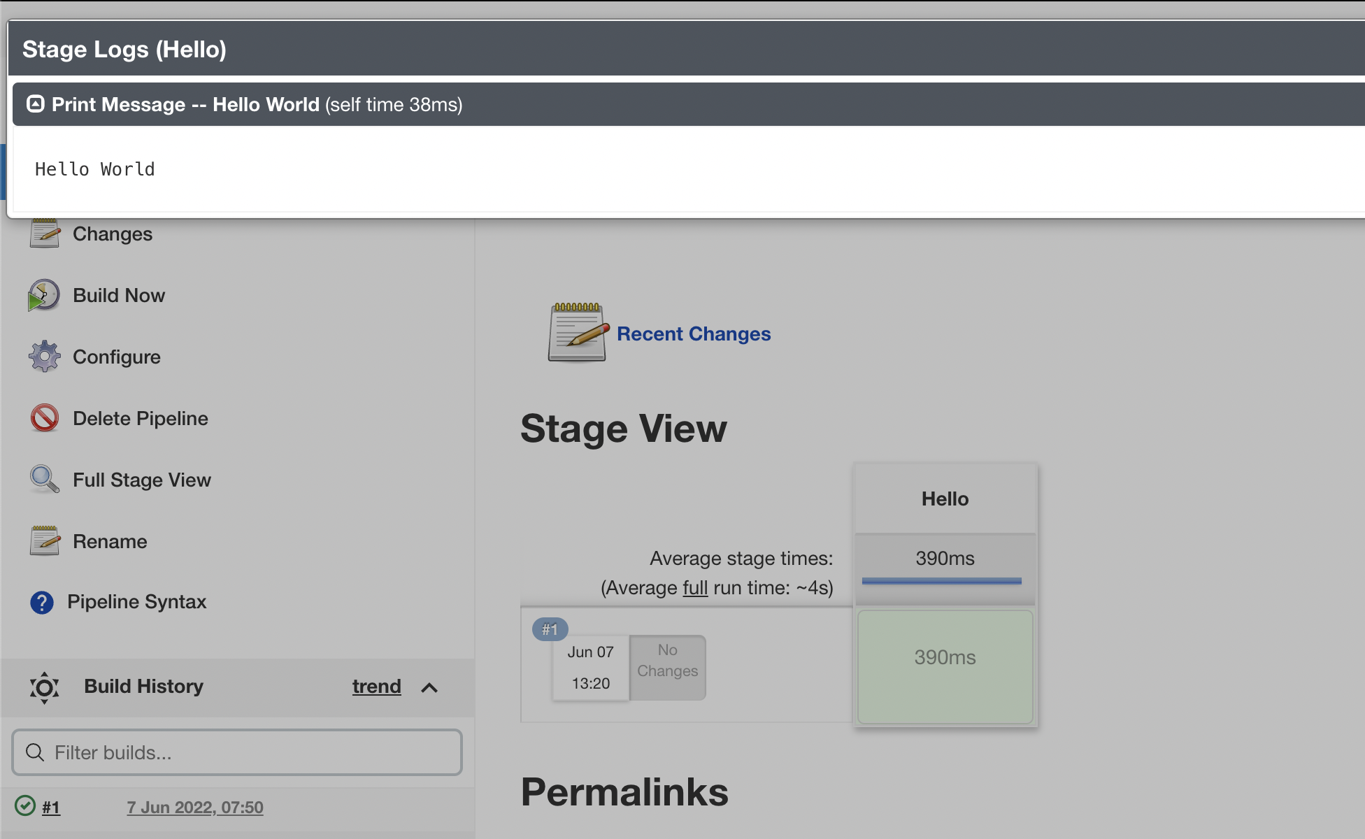 A screenshot of the Hello World output from running the code.