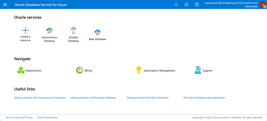 Figure 1 – Oracle Database Service for Azure Home Page