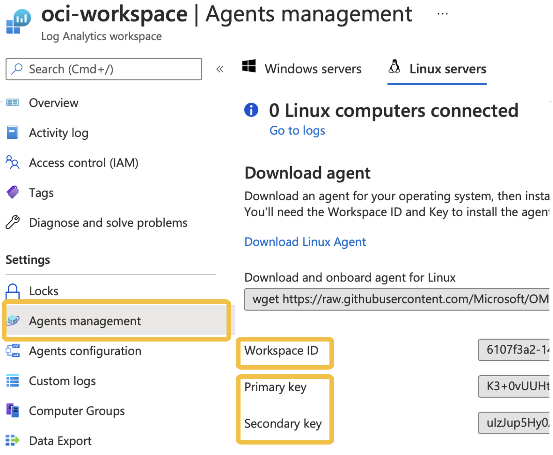 A screenshot of the oci-workspace agents management page in Azure with the Agents Mangement, Workspace ID, pirmary, and seconary keys outlined in yellow.