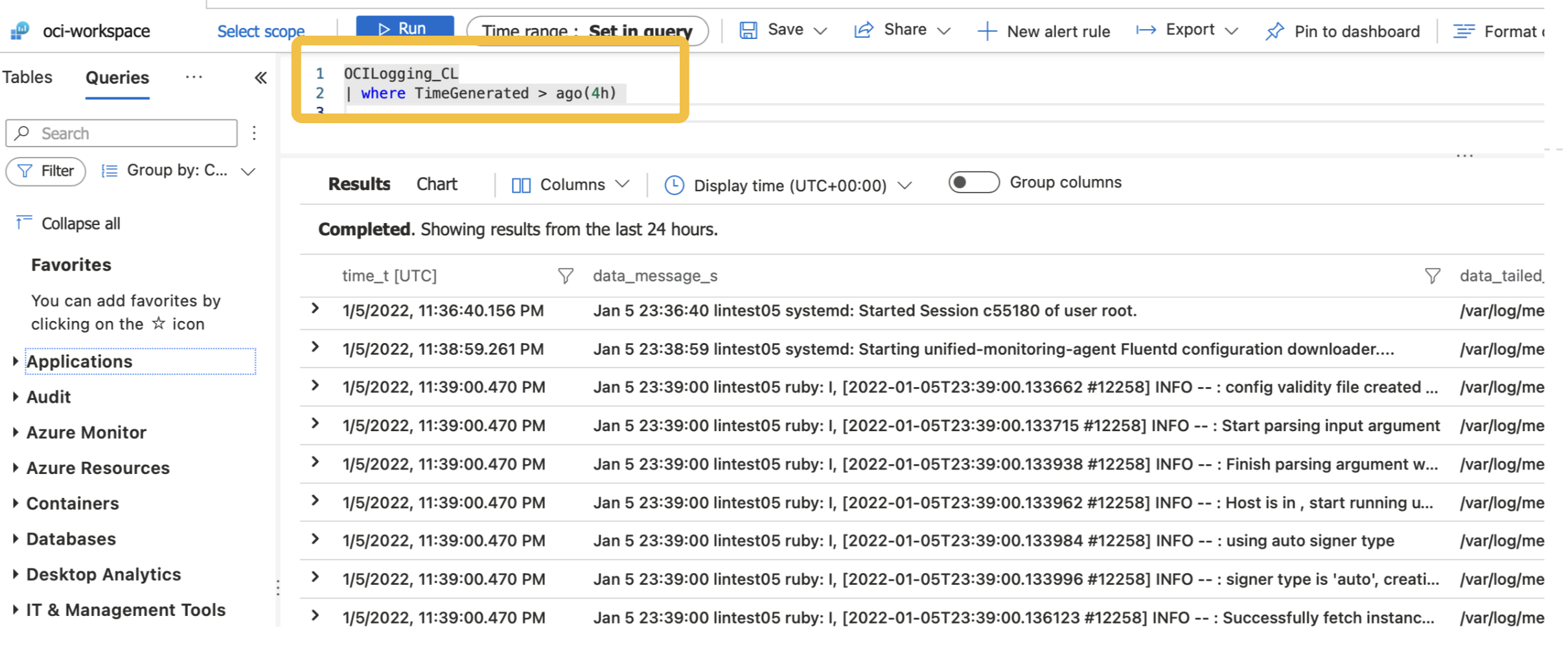 A screenshot of the Sentinel search logs with the search parameters outlined in yellow.