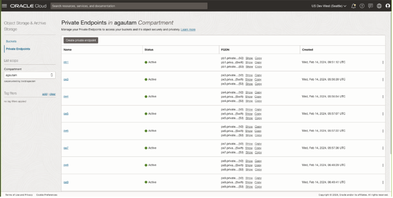 A list of example private endpoints.