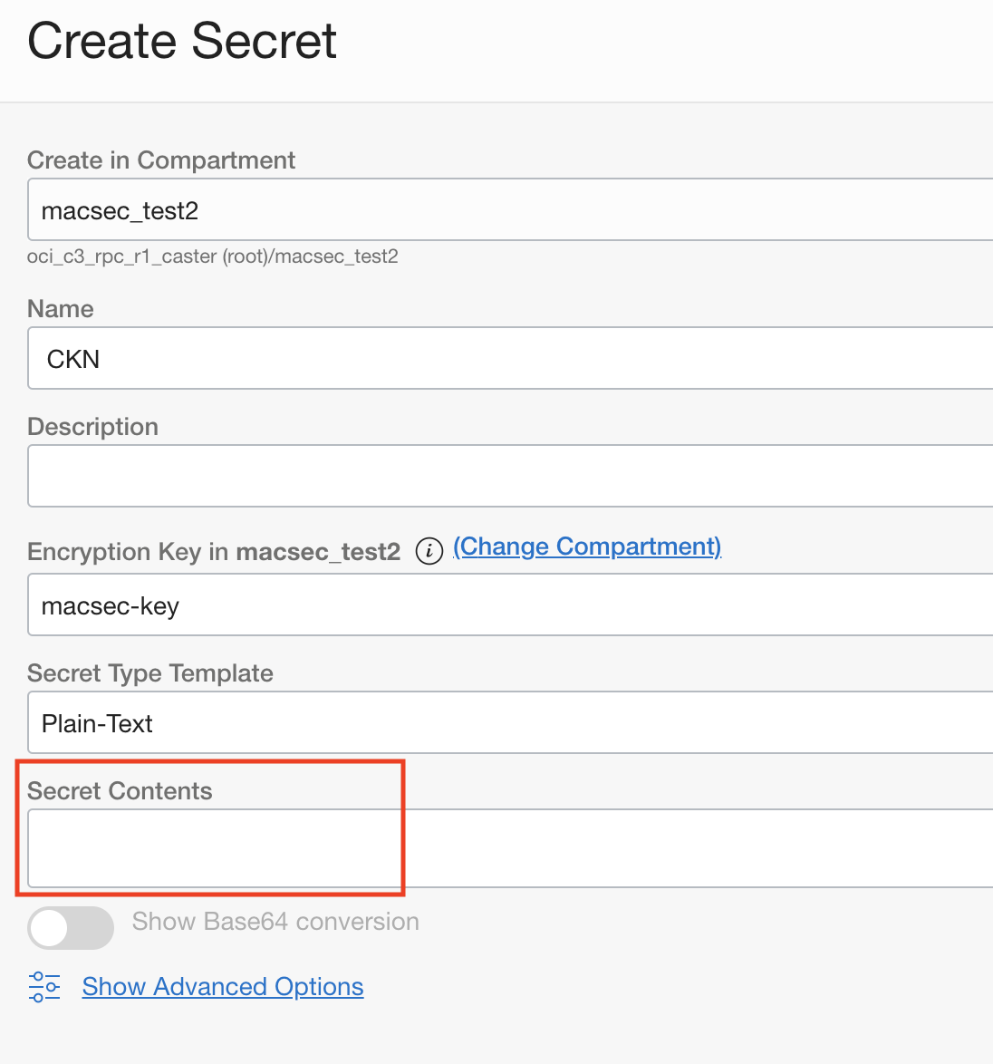 A screenshot of the Create Secret window with details filled in and the Secret Contents field outlined in red.