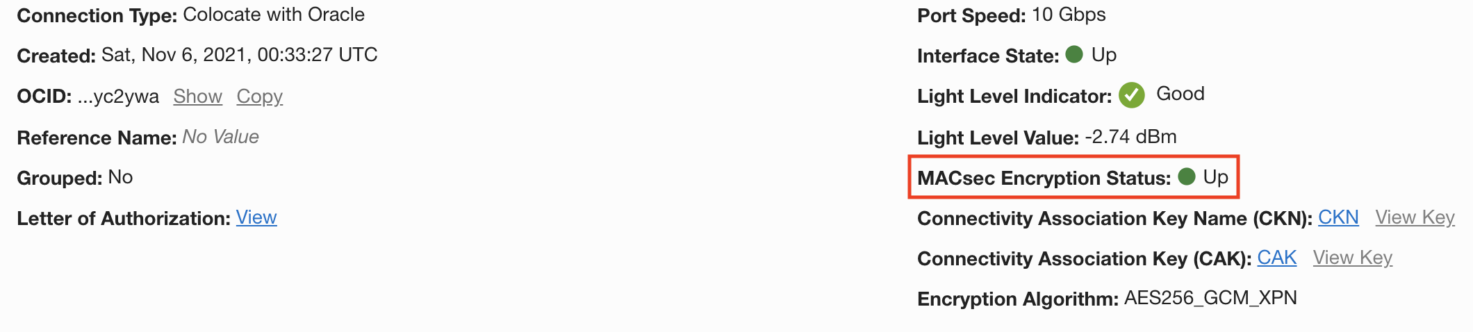 A screenshot of the details section of the configuration with the MACsec Encryption Status outlined in red.