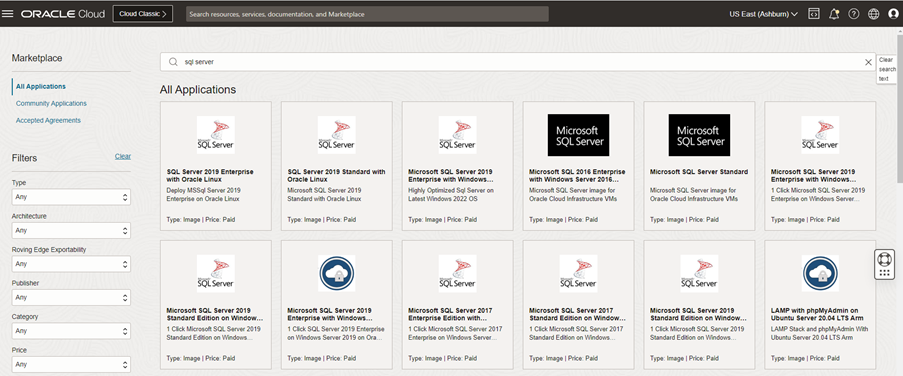 A screenshot of the Oracle Cloud Marketplace page with some SQL Server options.