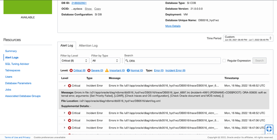 Review the alert log in the Managed Database Details page within the alert logs resource link