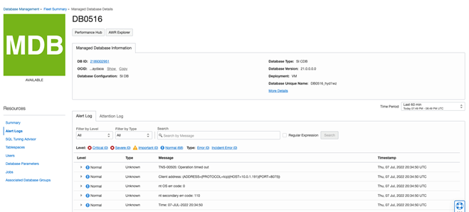 Database alert logs: Alert log and attention logs on the Managed Database Details page