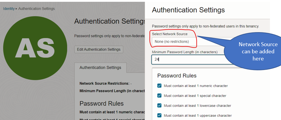 Screenshot of the Authentication Settings window in the Oracle Cloud Console with the Select Network Source section circled in red with a blue dialogue bubble pointing to it that says “Network Source can be added here.”