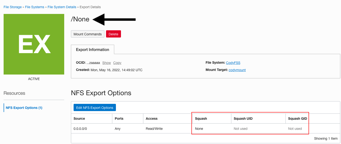 A screenshot of the Export Details page in the Oracle Cloud Console showing the None export options