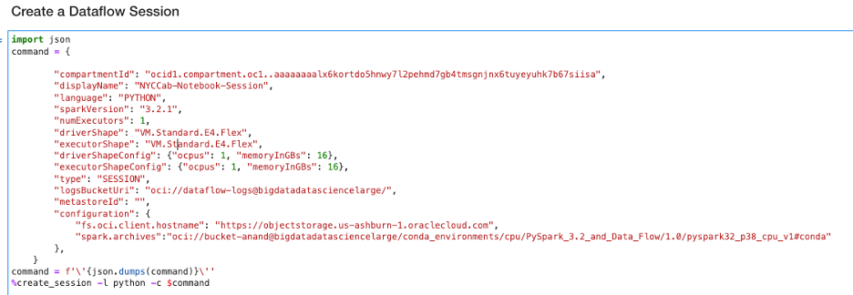 A screenshot of the code creating a Data Flow session.