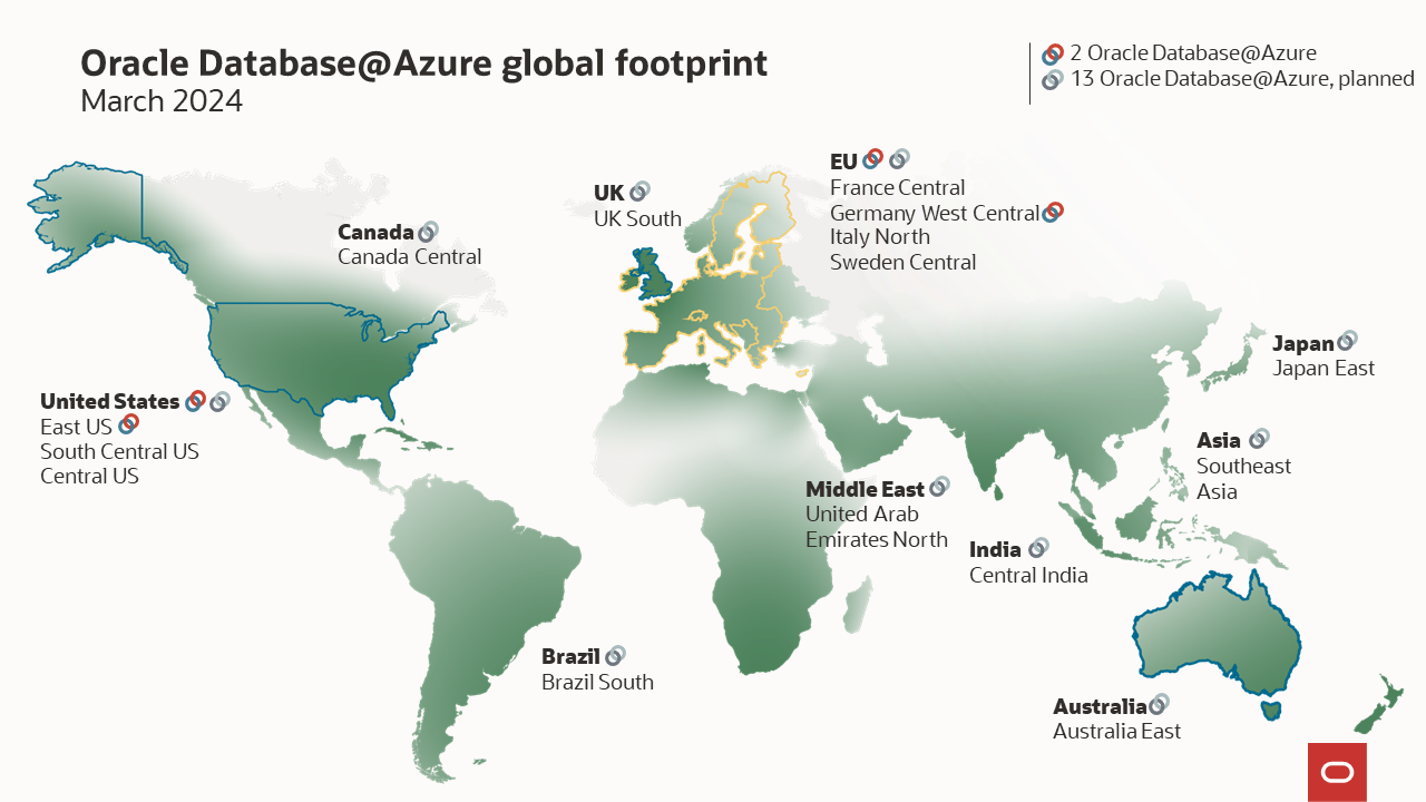 A global map of Oracle Database@Azure’s regions as of March 2024