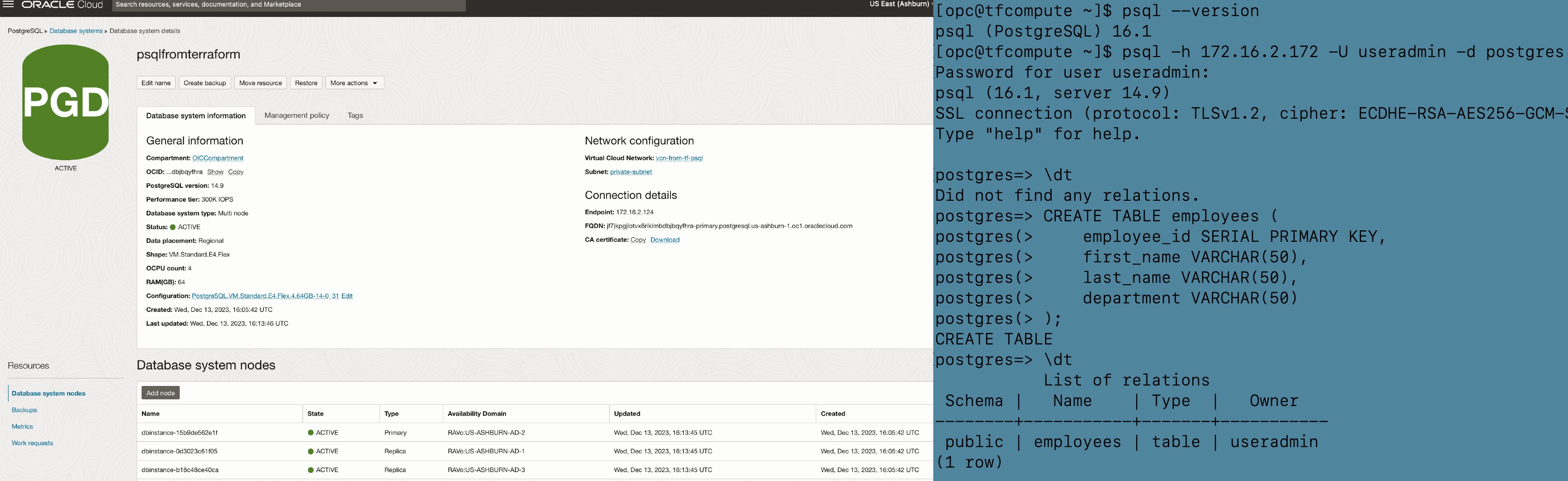 PostgreSQL within the Console connected to the database from a Compute instance.