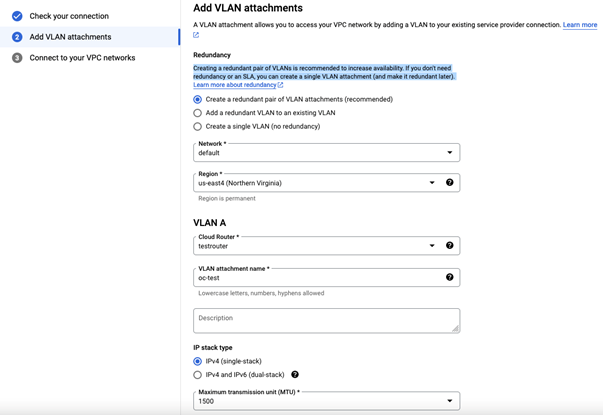 A screenshot of the redundant VLAN attachment screen