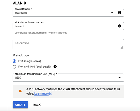 Screenshot of VLAN cloud router and attachment name choices