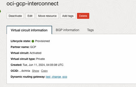 Screenshot of the interconnect showing it provisioned