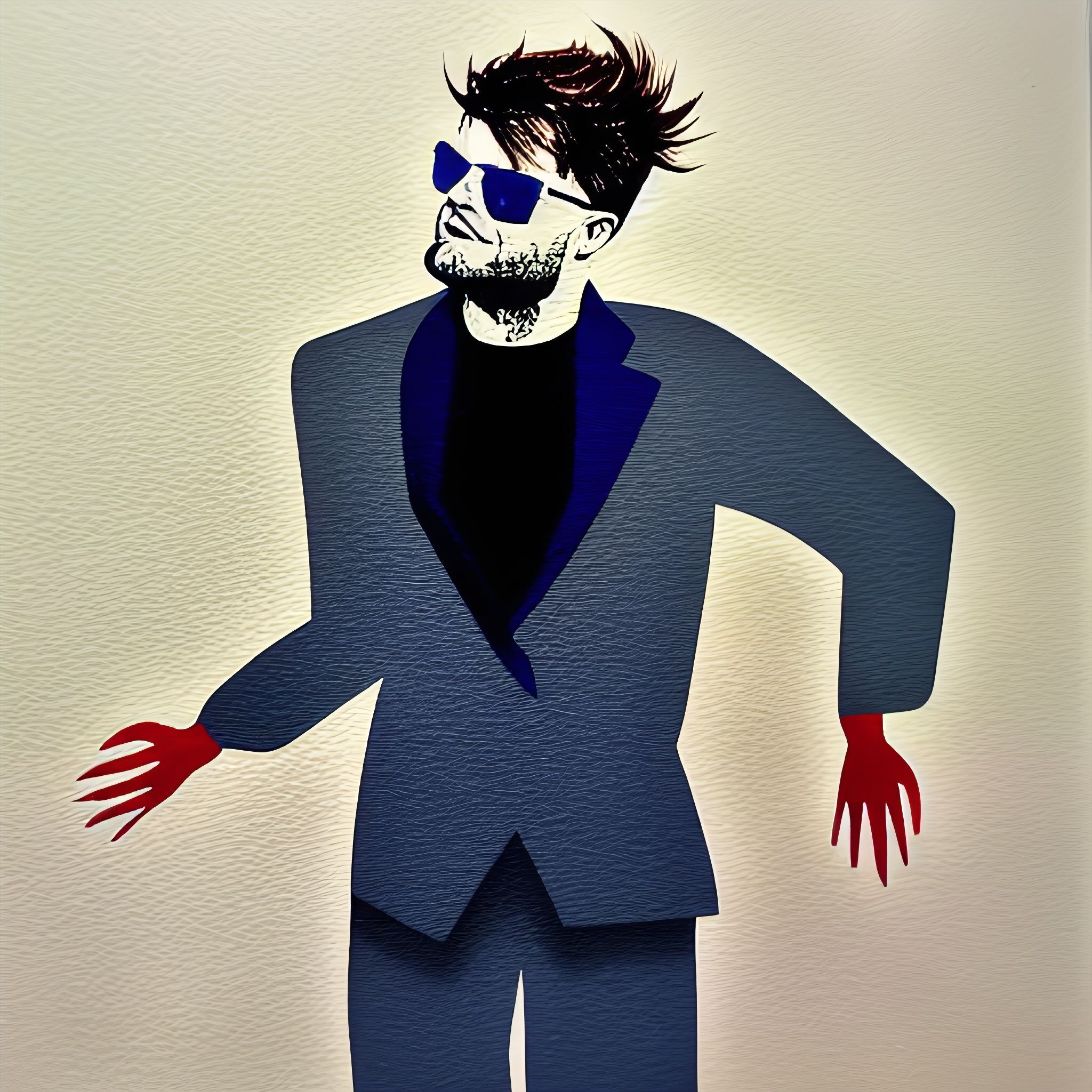 An image of a man wearing sunglasses AI-generated using the controlnet model for the stick pose.