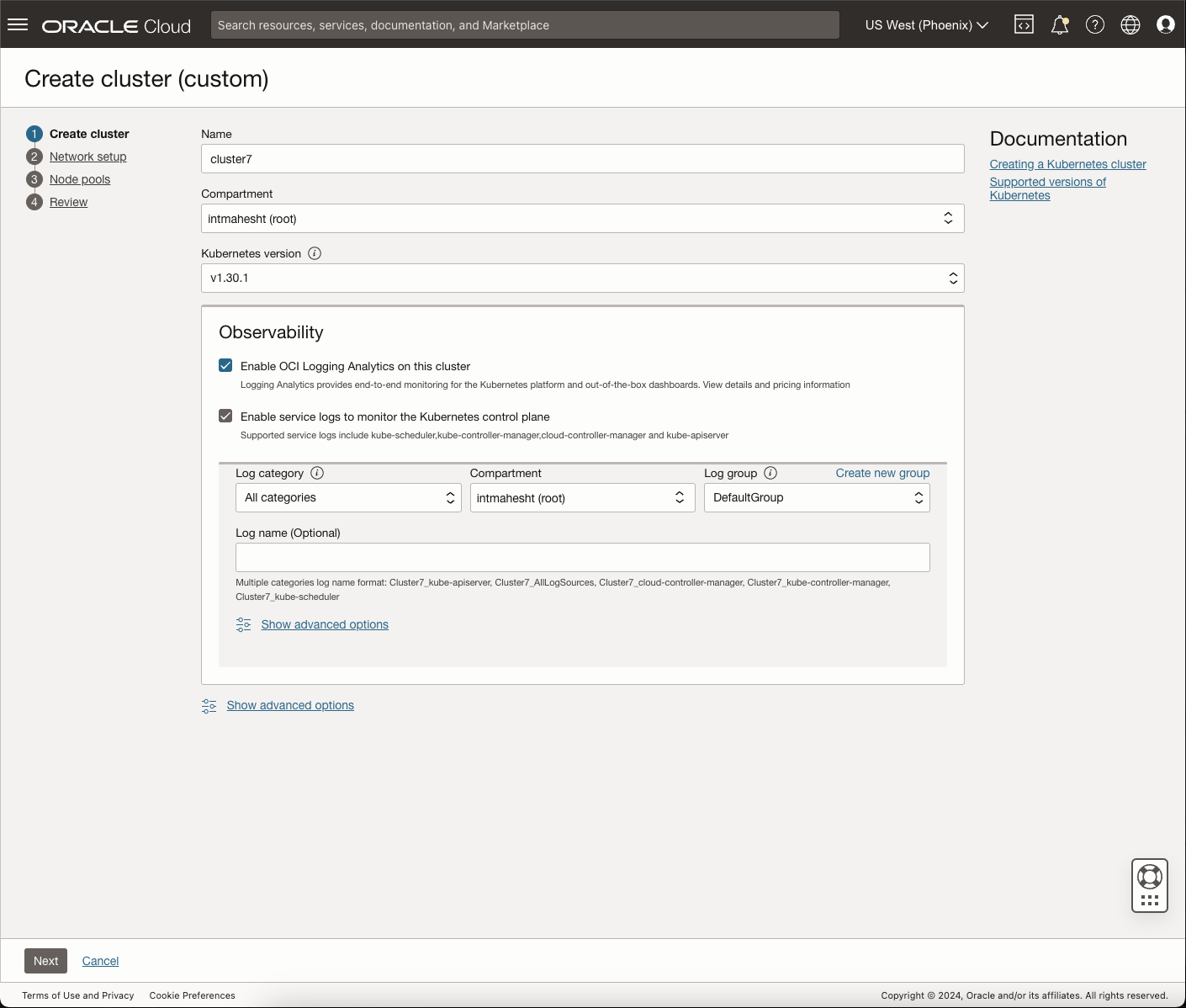 Creating a custom cluster with options to enable Logging Analytics for observability.