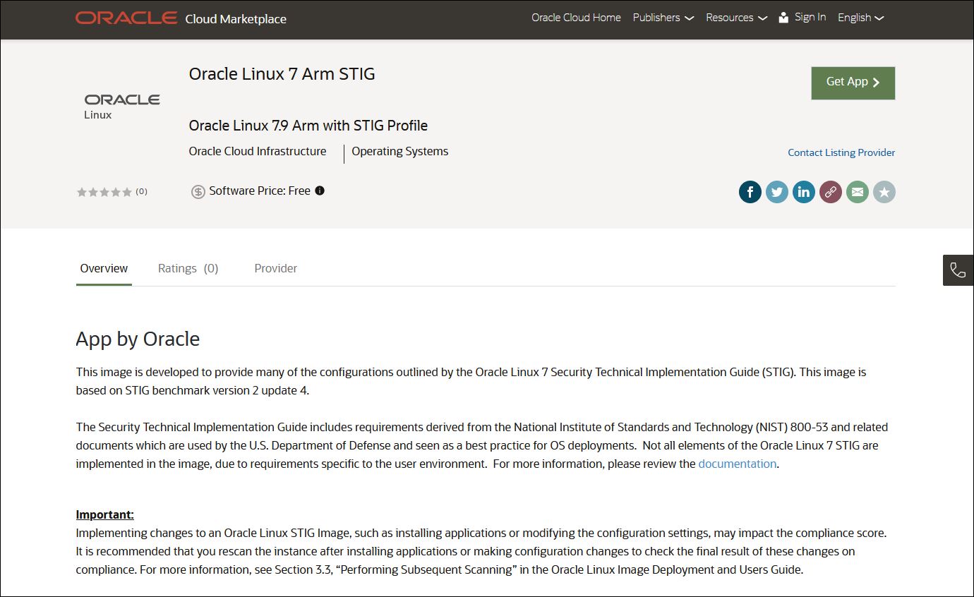 A screenshot of the Marketplace image for Oracle Linux 79 Arm with STIG Profile.