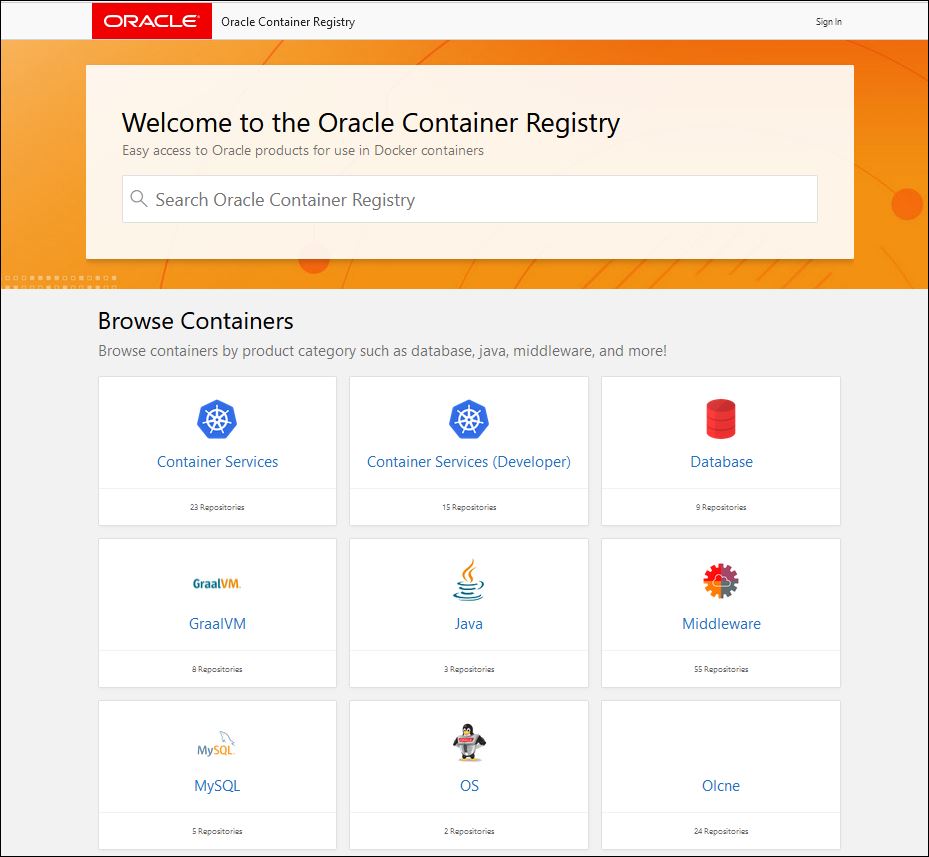 A screenshote of the Oracle Container Registry homepage.