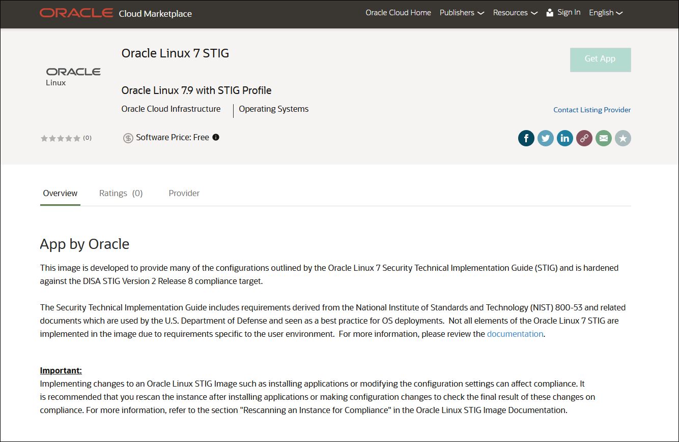 A screenshot of the Oracle Linux STIG Image v2R8 Marketplace page.